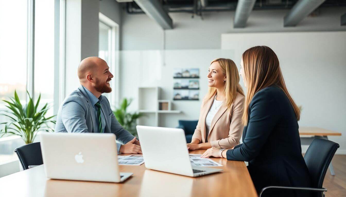 Agent immobilier discutant avec des clients dans un bureau moderne.