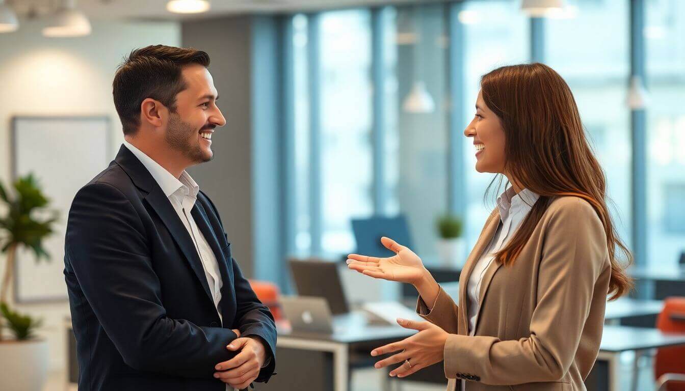 Agent commercial souriant en discussion avec un client.