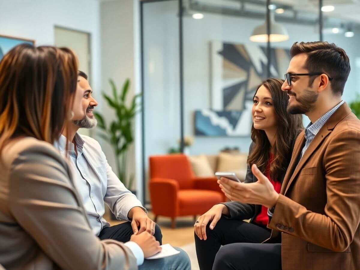 Un agent immobilier discutant avec des clients.