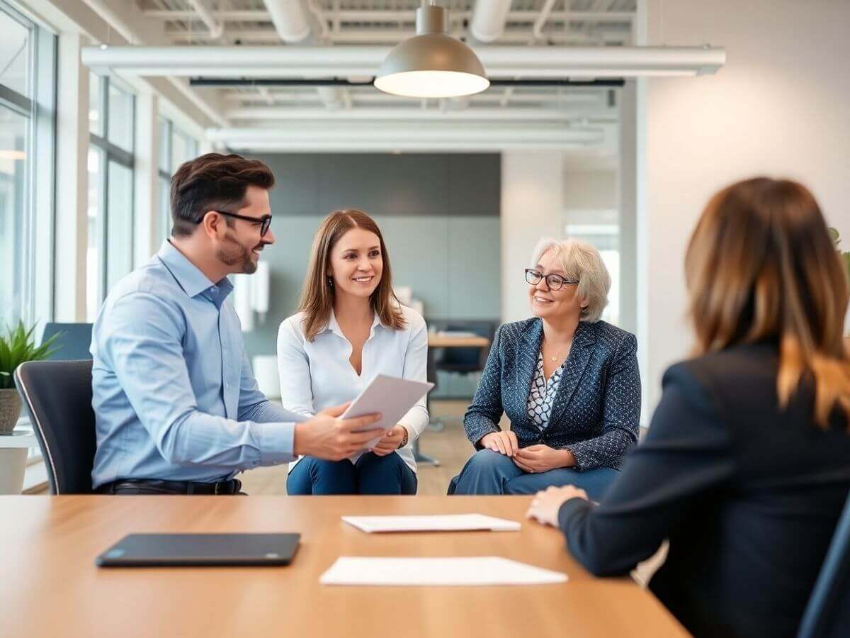 Agent immobilier avec clients dans un bureau moderne.