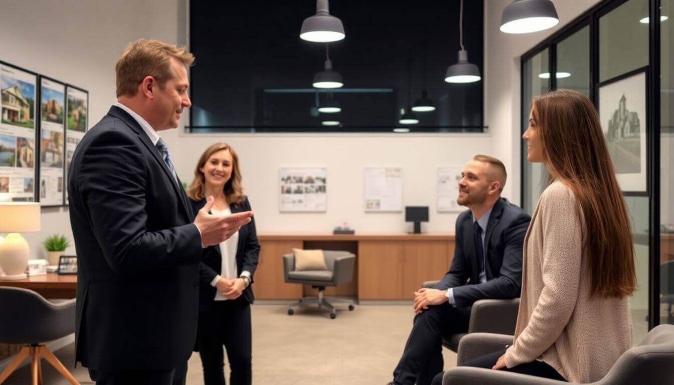 Agent immobilier conseillant un couple dans un bureau moderne.