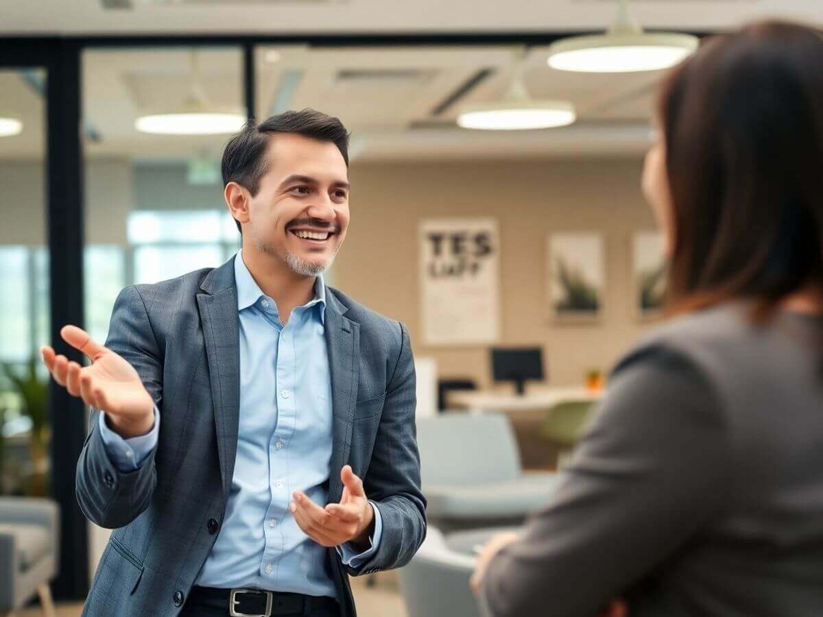 Agent commercial et client en discussion amicale.