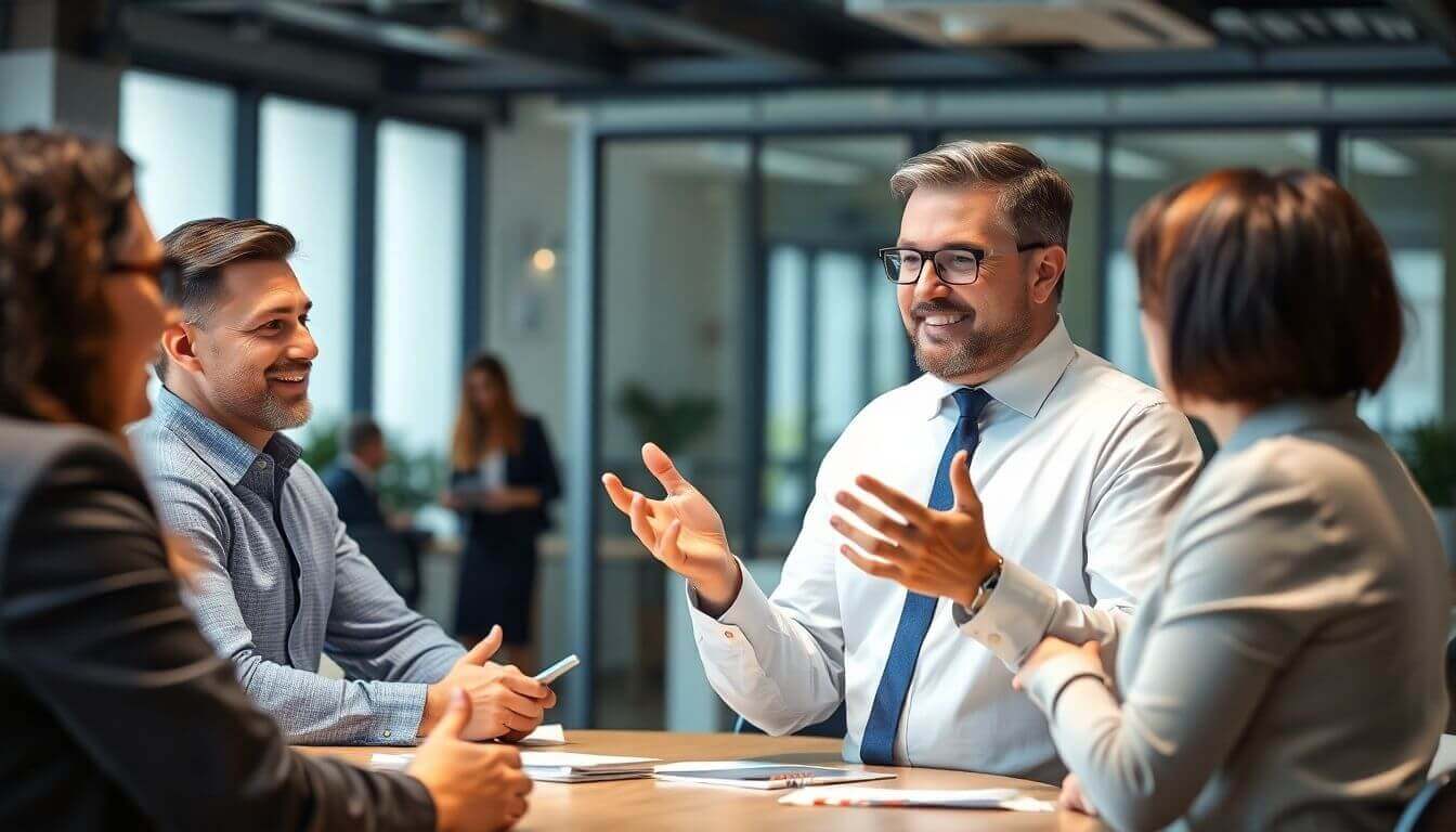 Agent commercial interagissant avec les clients dans un cadre professionnel.