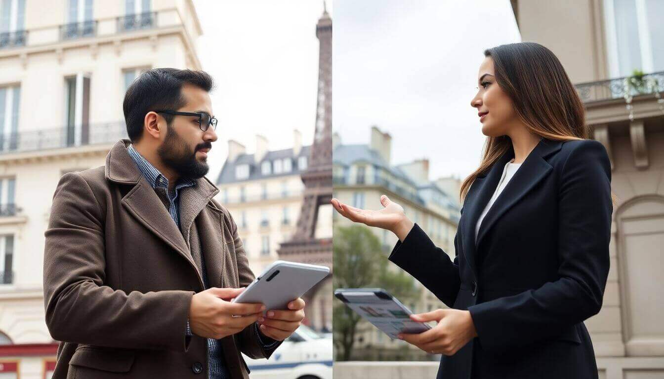 Chasseur immobilier et agent immobilier côte à côte à Paris