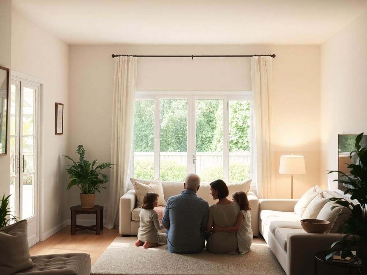 Intérieur d'une maison avec une famille réunie.