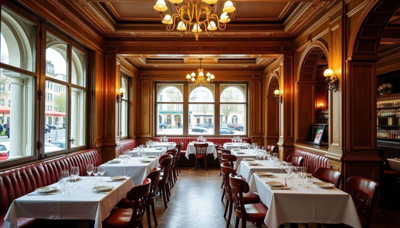 Intérieur de restaurant élégant avec tables dressées par de grandes fenêtres.
