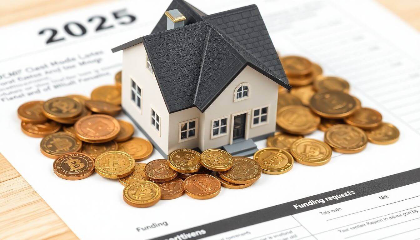 Modèle de maison et pièces de monnaie sur un document de demande de financement.