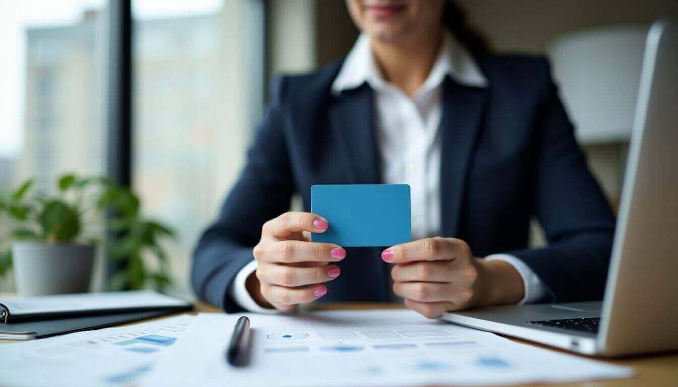 Agent immobilier avec carte professionnelle dans un bureau.