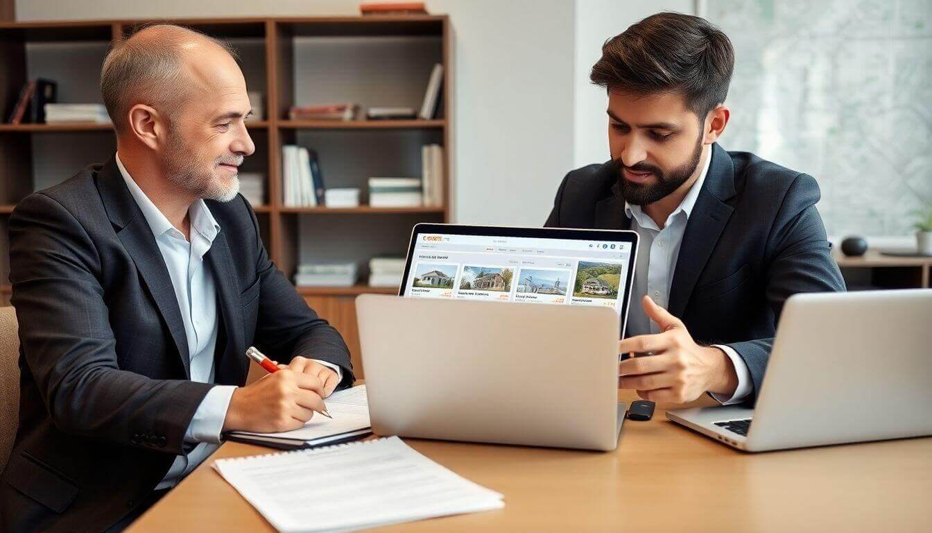 Chasseur immobilier et agent immobilier collaborant au bureau.