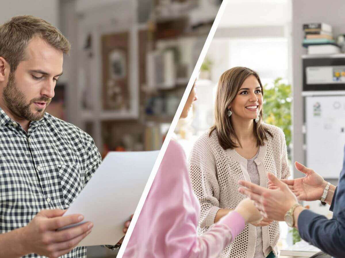 Chasseur immobilier et agent immobilier en action.