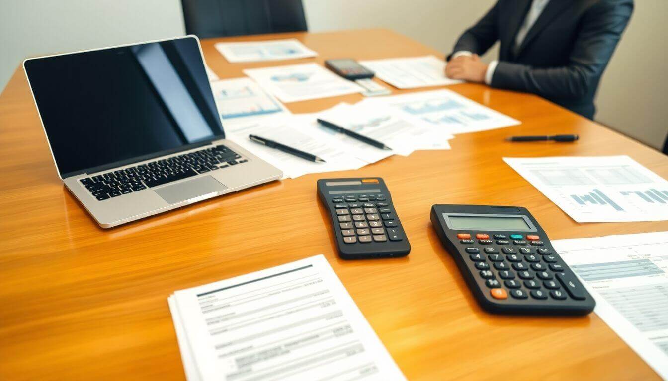 Table de conférence avec documents financiers et calculatrices.