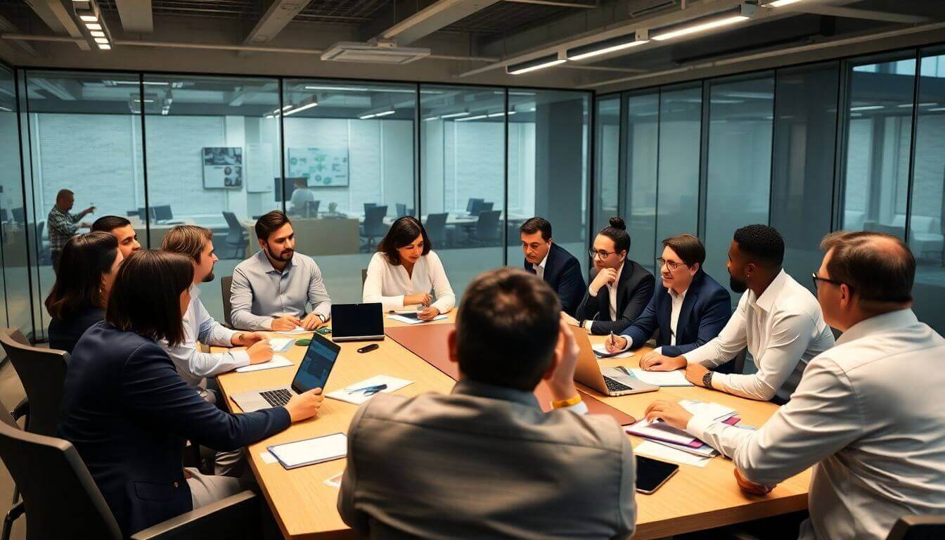 Investors discussing in a modern conference room.