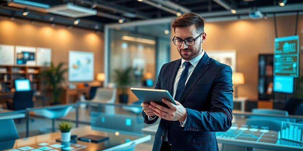 Un agent immobilier moderne utilisant une tablette dans un bureau.