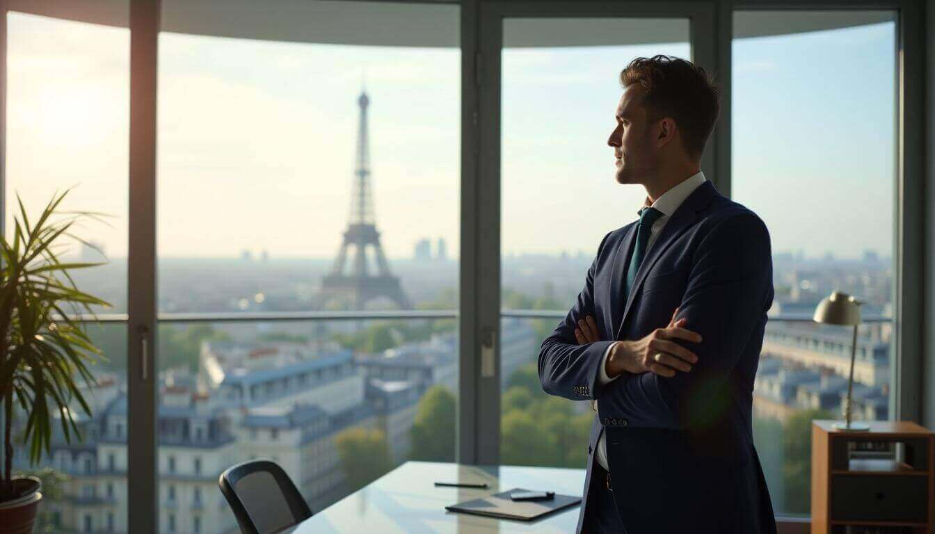 Parisian real estate hunter in office with city view.