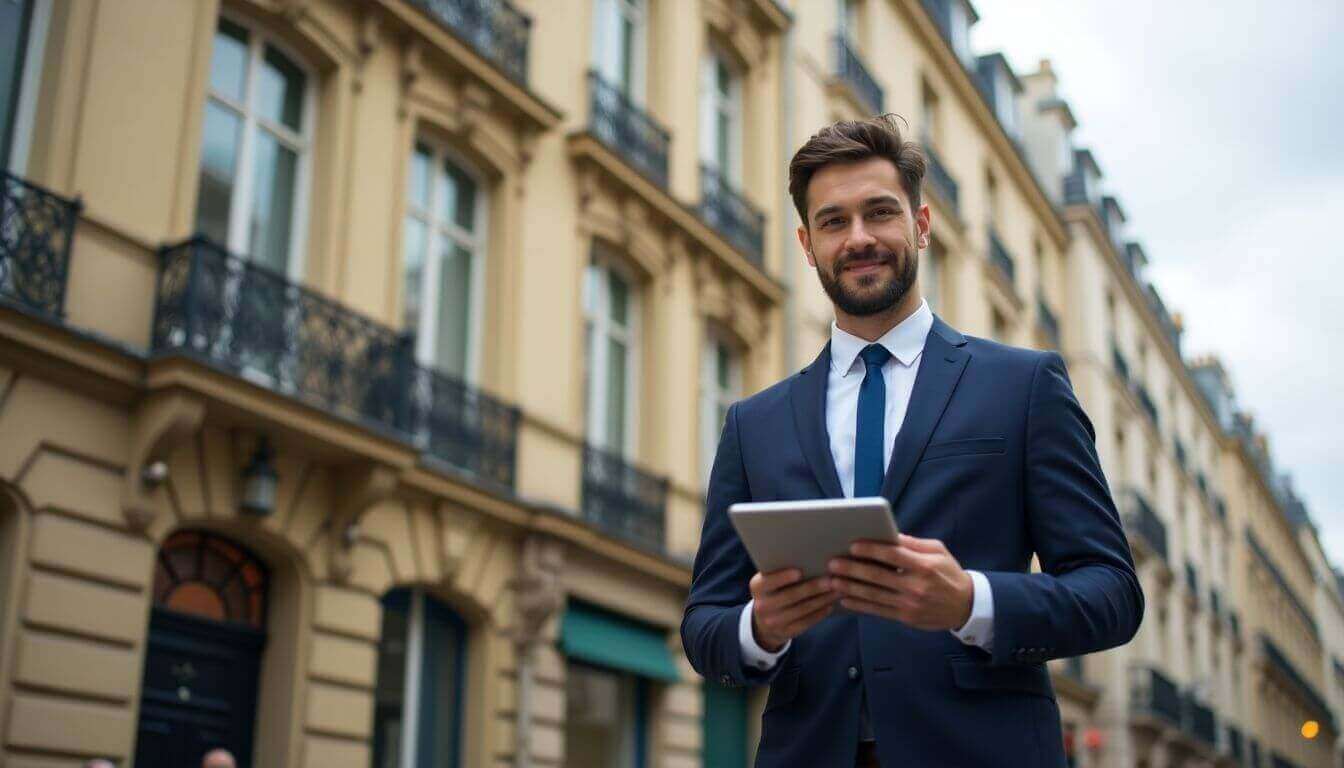 Real estate hunter in Paris with an apartment building backdrop.