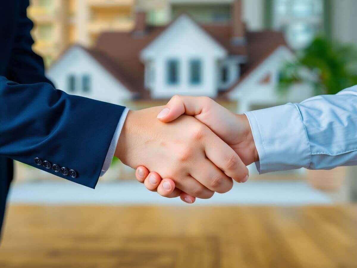 Deux mains se serrant dans une négociation immobilière.