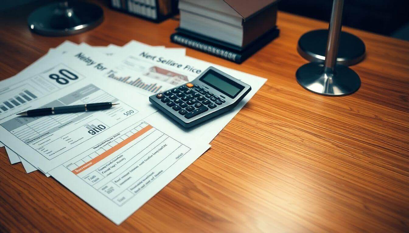 Calculatrice et documents immobiliers sur un bureau en bois.