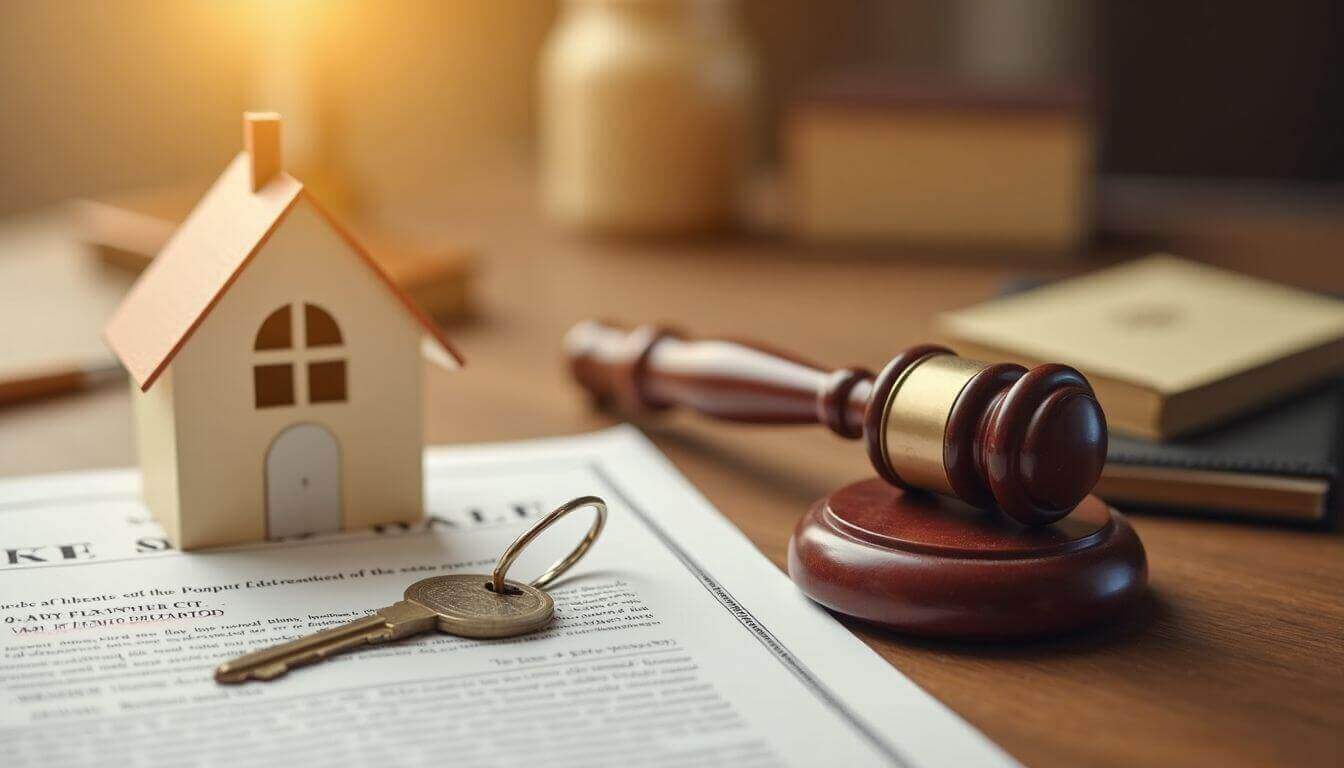 Gavel, modèle de maison et clé sur un document juridique