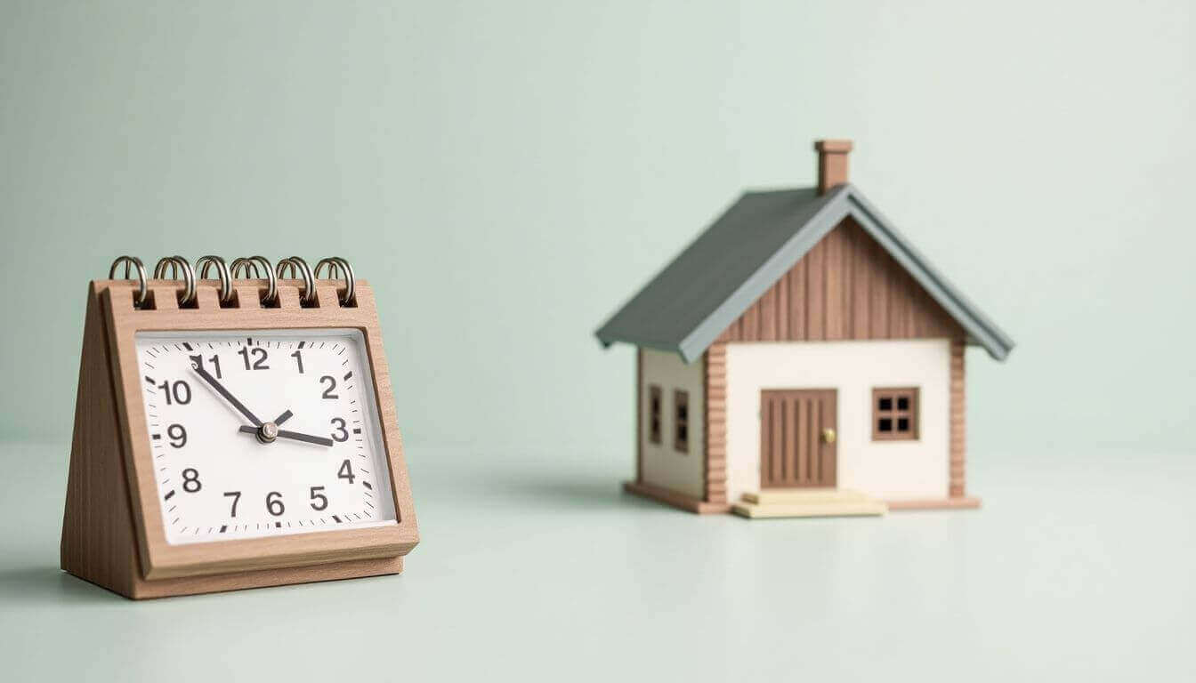 Horloge à côté d'une maison miniature sur fond pastel.