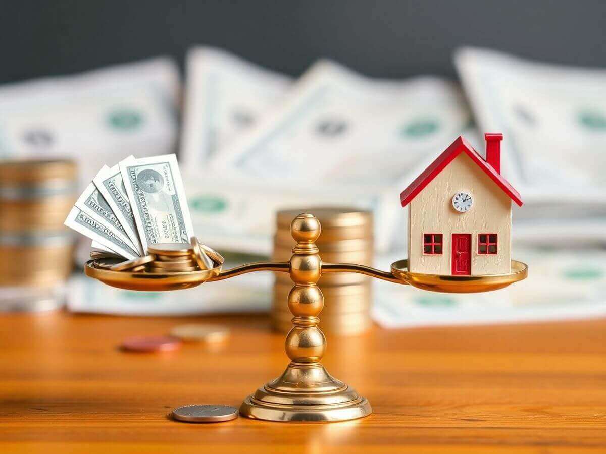 Balance entre l'argent et une maison sur une échelle.