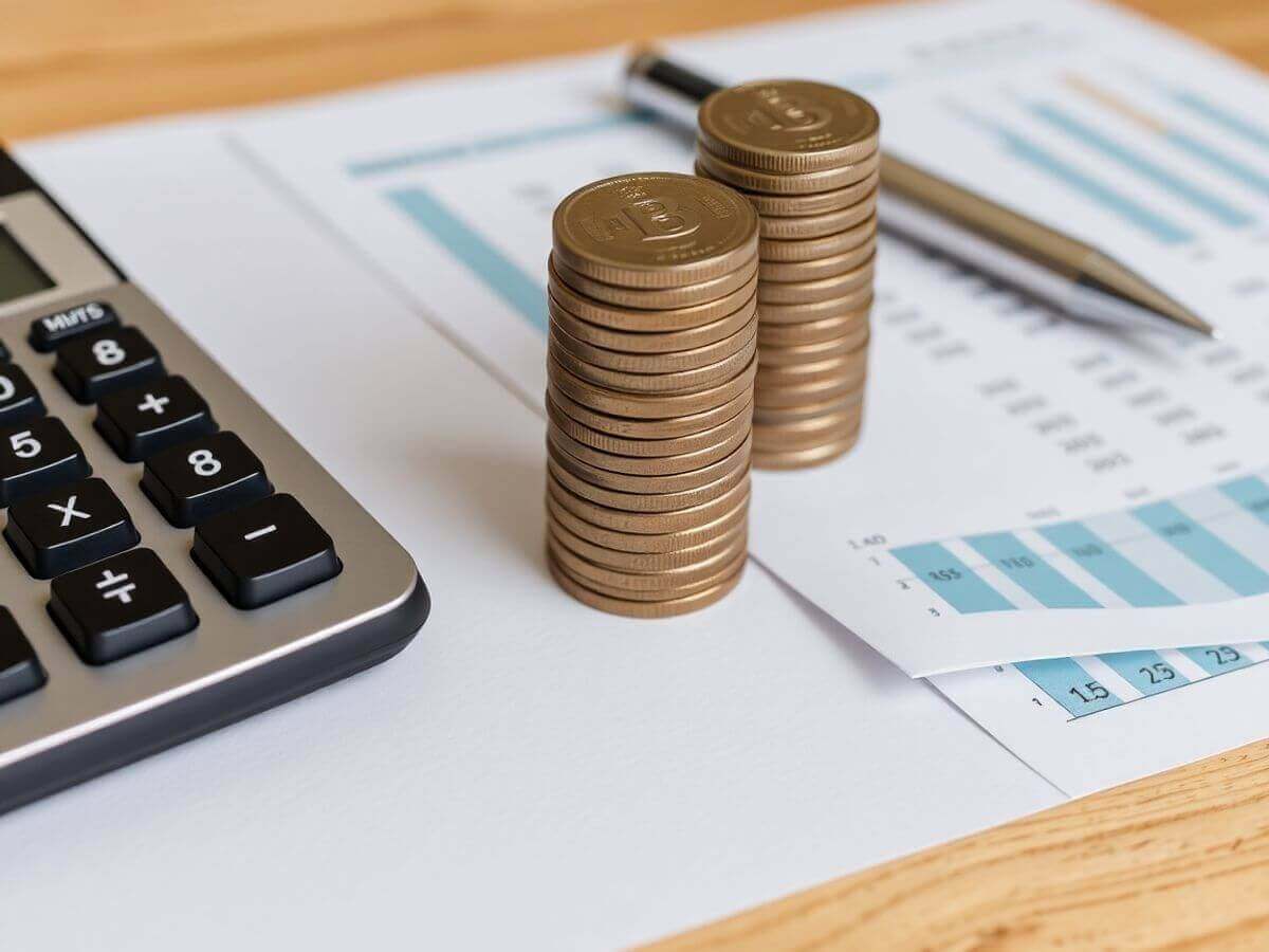 Calculatrice, pièces de monnaie et documents financiers sur bureau.