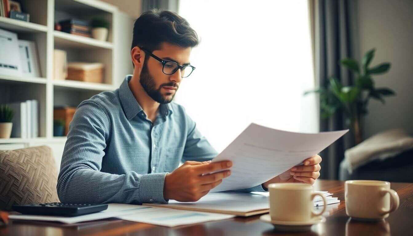 Personne examinant des documents financiers avec concentration.