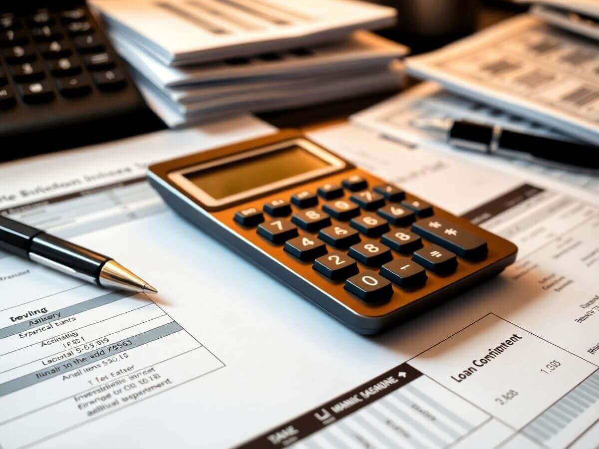 Calculatrice sur un bureau avec des documents financiers.