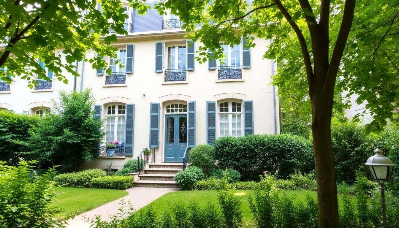 Elegant white French-style house with blue shutters surrounded by lush green garden