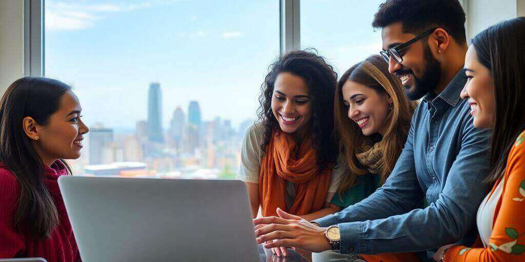Groupe d'expatriés discutant immobilier autour d'un ordinateur.