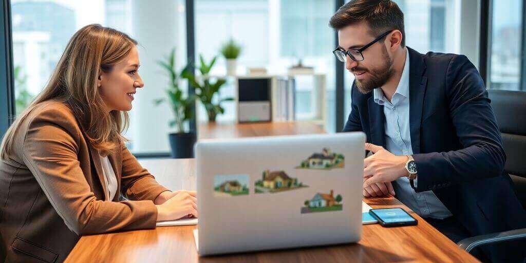 Agent immobilier aide des expatriés dans un bureau moderne.