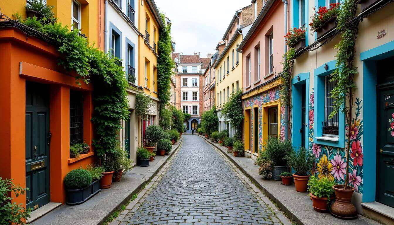 Maisons colorées et peintures murales de la Butte-aux-Cailles, Paris.