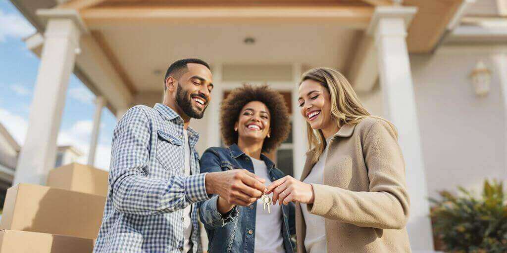 Three people celebrating with keys in front of a new home