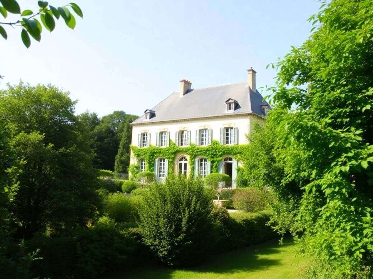 Belle villa française entourée de verdure.