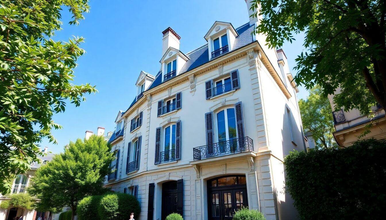 Élégant manoir entouré d'une verdure luxuriante et d'un ciel bleu clair.