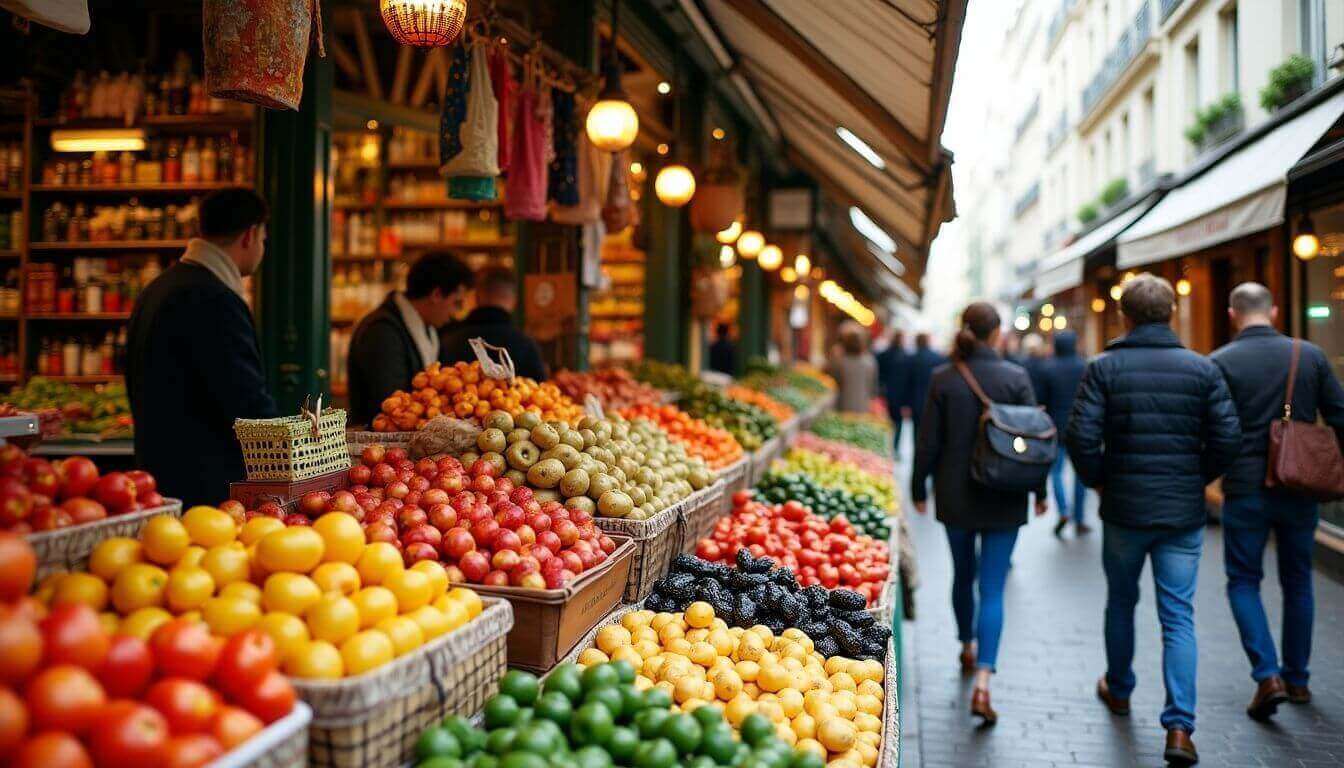 Scène de marché animée remplie de fruits colorés et de gens.