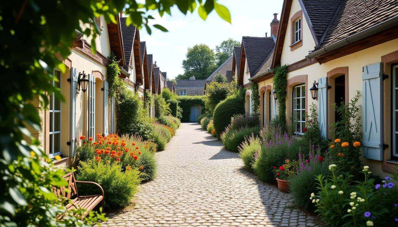 Charmant chemin pavé bordé de fleurs colorées et de cottages.