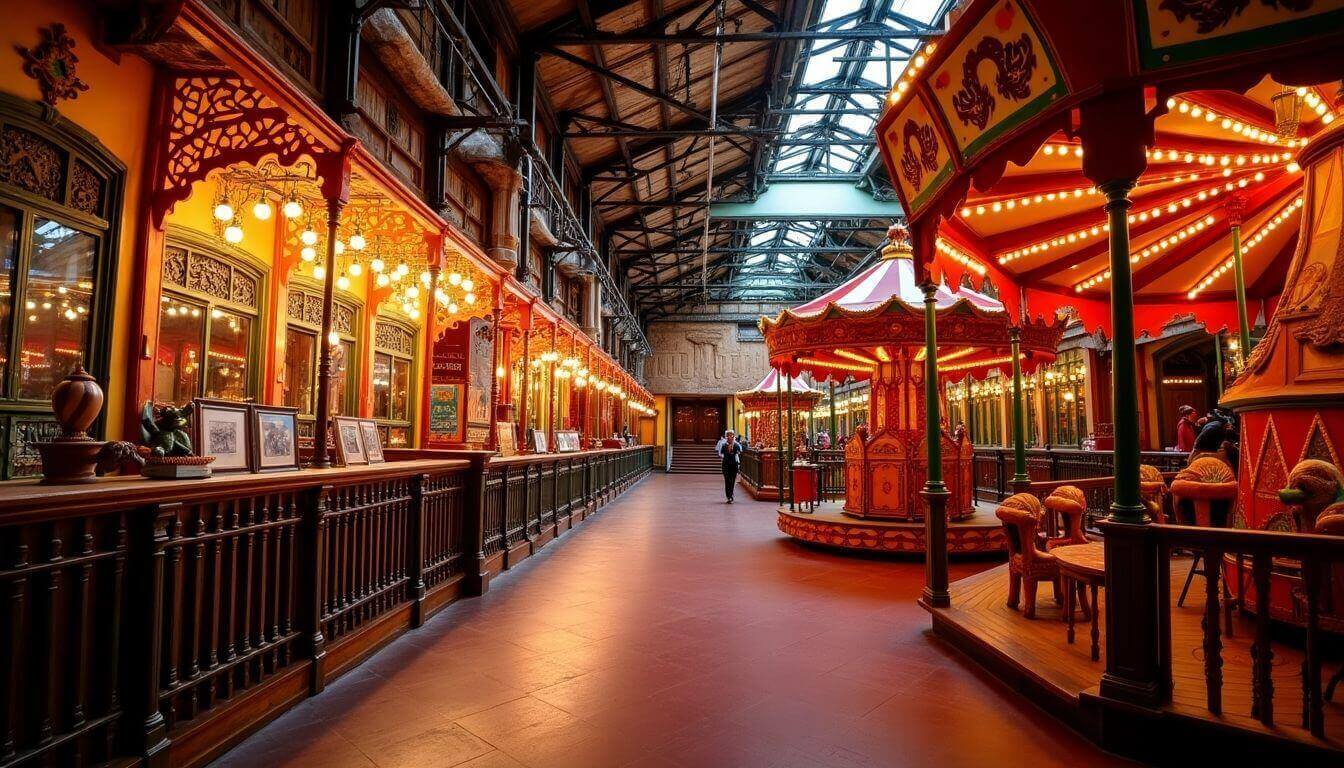 Espace de divertissement intérieur coloré avec carrousel et décor vibrant.