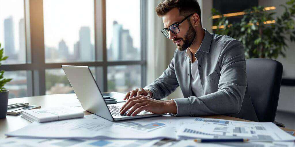 Chasseur immobilier devant son bureau