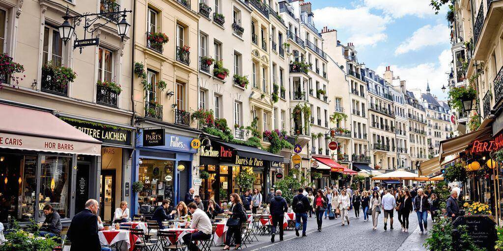 Busy Parisian street with cafes, people dining, and historic buildings