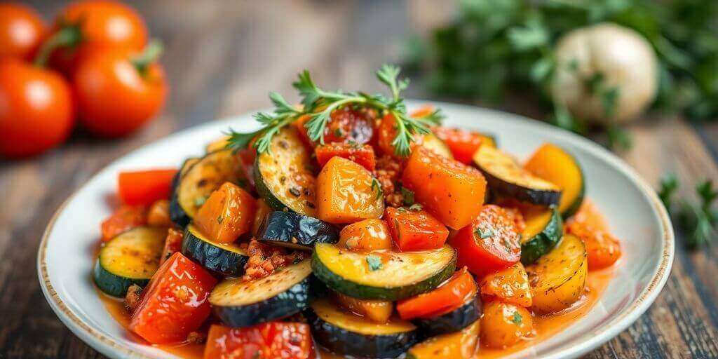 Plat de ratatouille coloré avec des légumes frais.