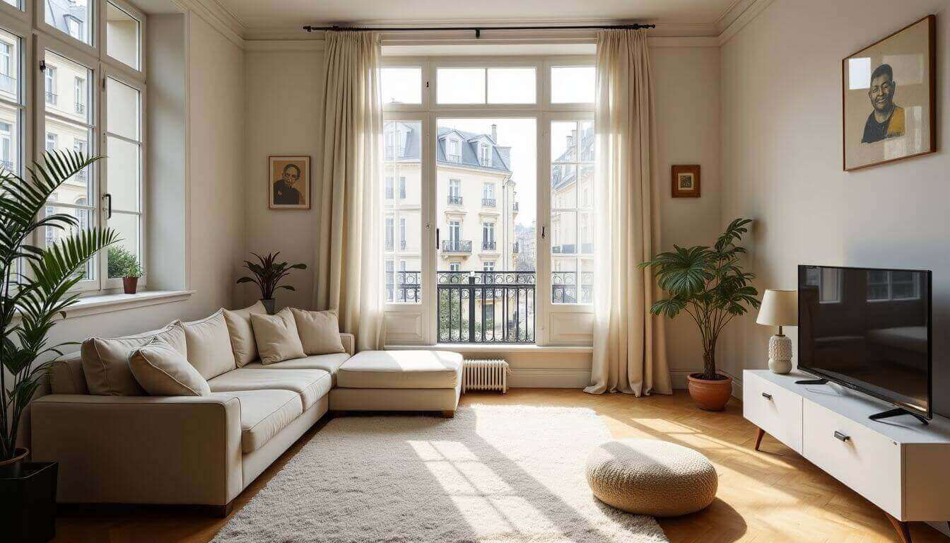 Bright Parisian apartment with white sofa, plants, and large windows