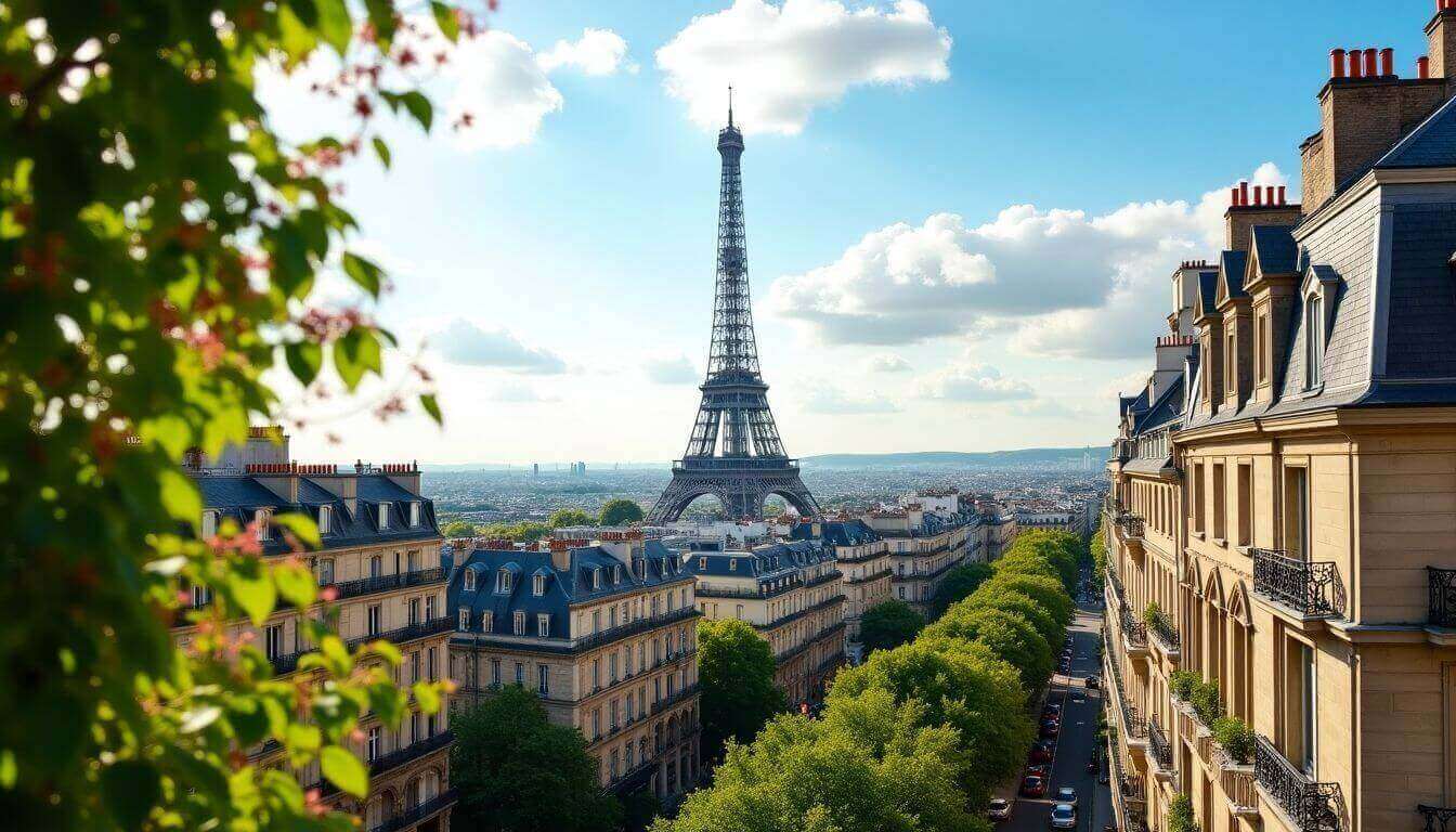 Vue ensoleillée de Paris avec la Tour Eiffel