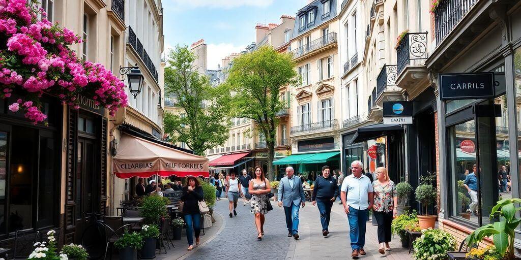 Vue typique d’une rue parisienne bordée d'immeubles haussmanniens, illustrant le charme unique de la vie à Paris.