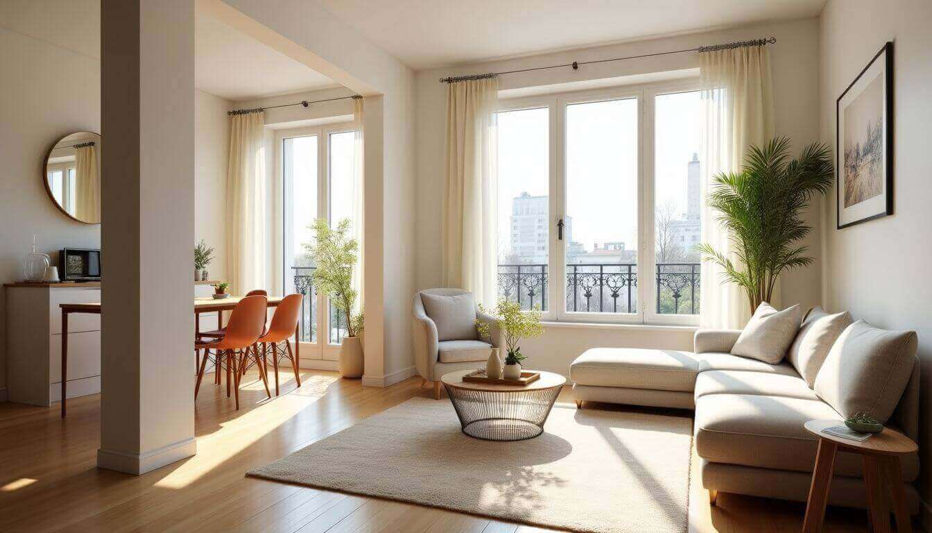 Salon élégant et lumineux dans un appartement insonorisé à Paris, avec une décoration moderne, des fauteuils design, un canapé blanc, et un tapis bleu, offrant confort et calme.