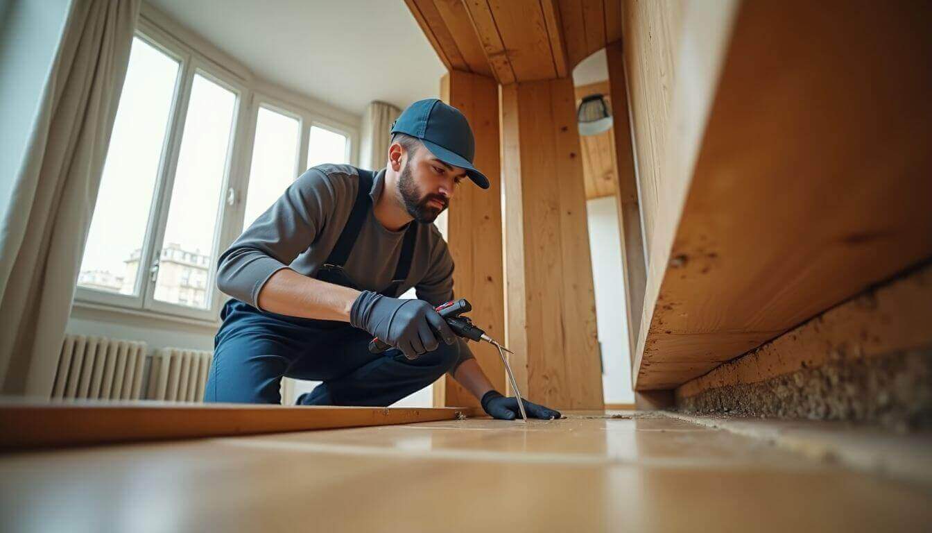  Travailleur utilisant un outil pour réparer le parquet à l'intérieur