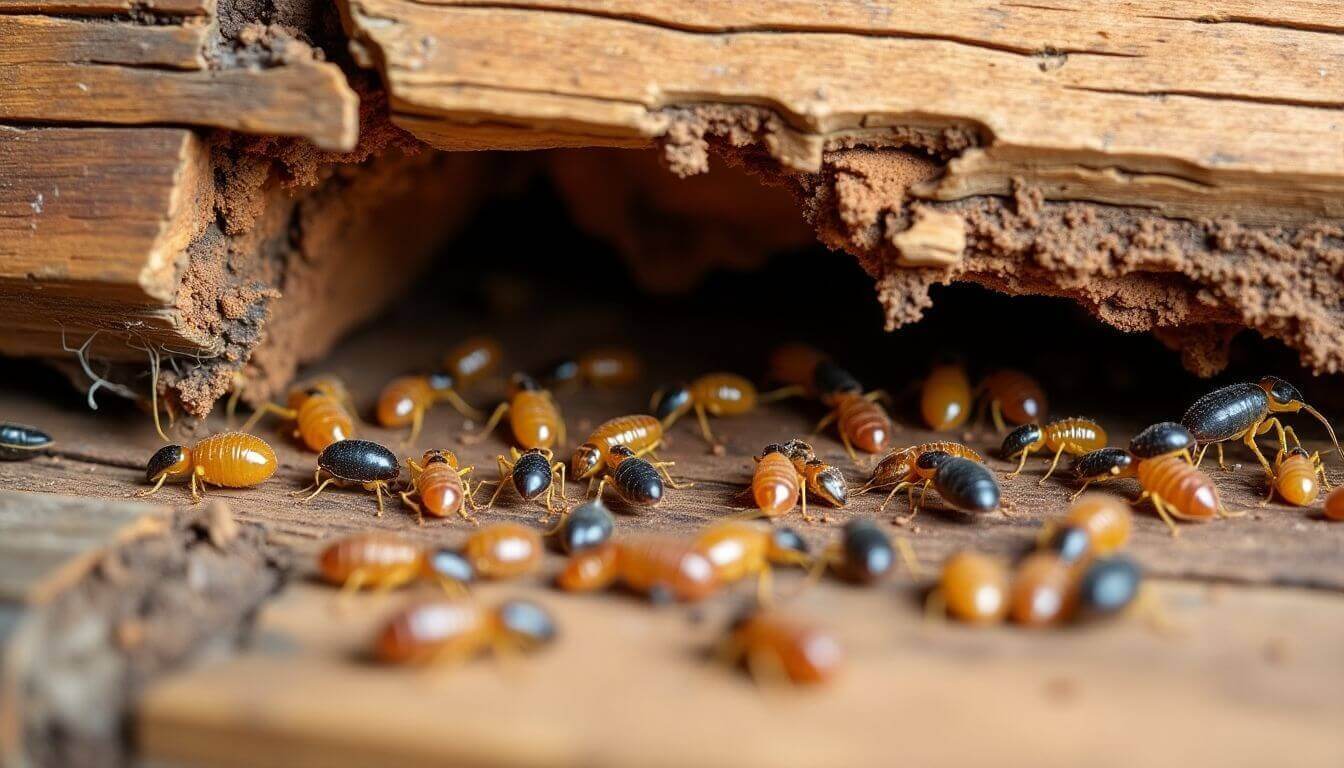 Dommages causés par les termites sur la structure en bois, mettant en évidence la destruction