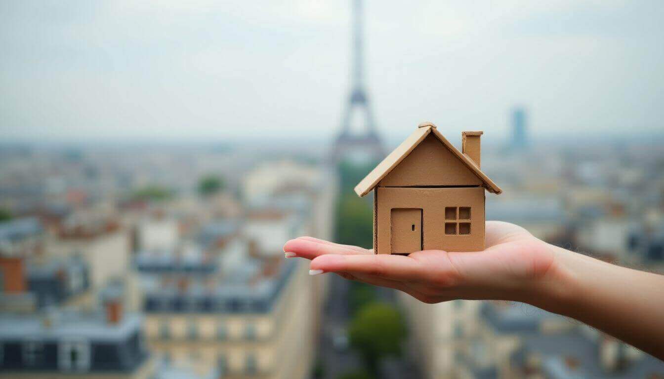 Main tenant une petite maison en carton avec en toile de fond les toits de Paris