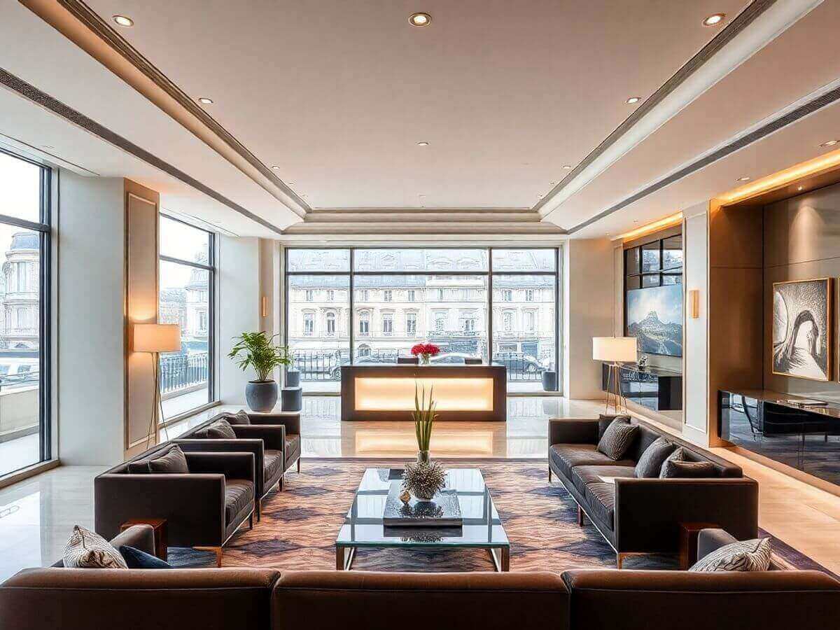 Bureau immobilier de luxe à Paris, élégant et sophistiqué.