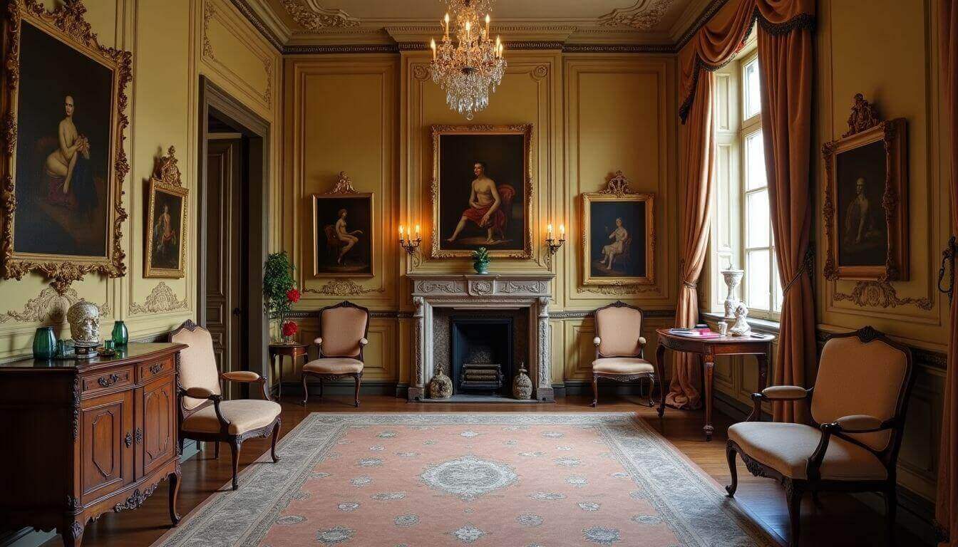 Chambre élégante avec mobilier vintage et portraits classiques.