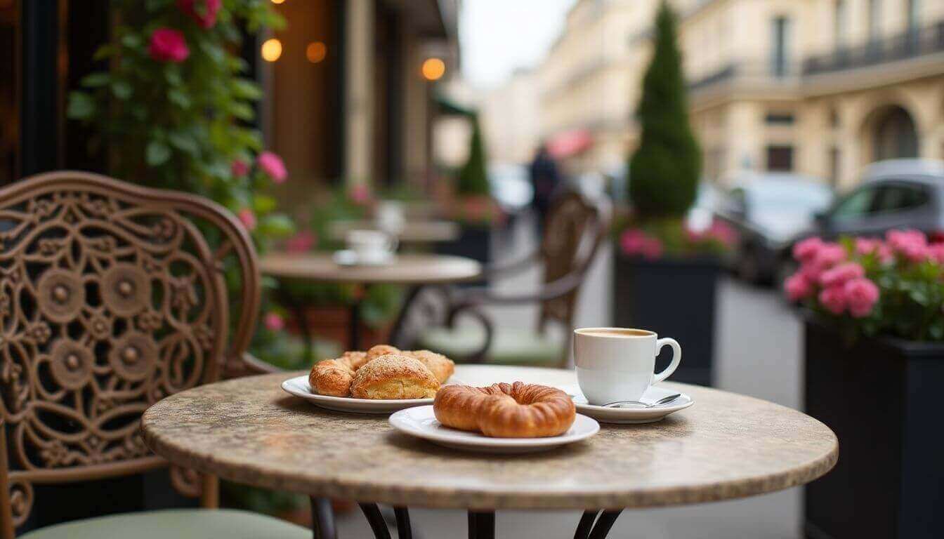 Parisian café with pastries and a cup of coffee.